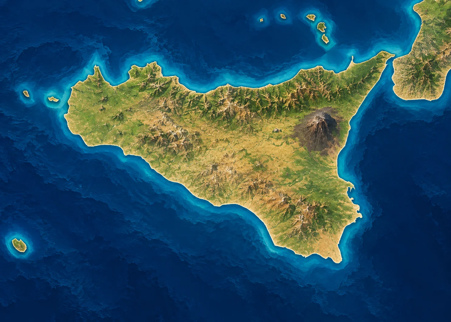 Sicilia e isole vicine, rilievo illustrativo generato con IA su riferimento Natural Earth
